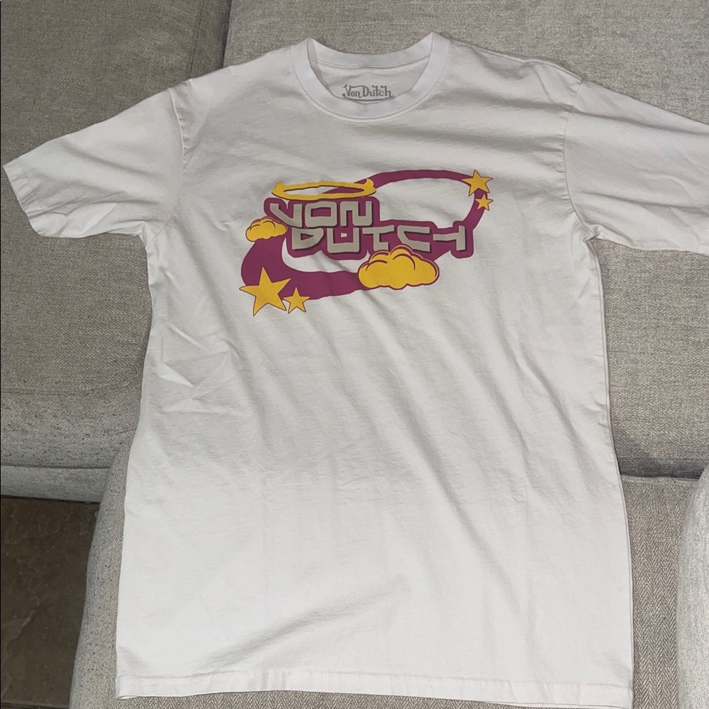 Von Dutch White Tee with Pink-Magenta and Yellow Logo
